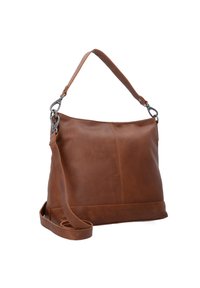 Braune Leder-Schultertasche mit glatter Textur. Verfügt über einen einzelnen oberen Griff und einen verstellbaren Gurt mit Metallbeschlägen.