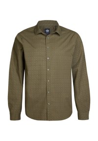 Camicia a maniche lunghe verde oliva realizzata in tessuto intrecciato, con un motivo geometrico, colletto con bottoni e chiusura frontale con bottoni.