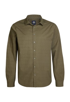Camisa de manga larga verde oliva hecha de tejido plano, con un patrón geométrico, cuello abotonado y cierre de botones en la parte frontal.
