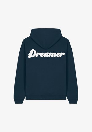 Felpa blu navy con vestibilità comoda, caratterizzata da una grafica bianca e testurizzata "Dreamer" sul retro, polsi a coste e cappuccio con coulisse.