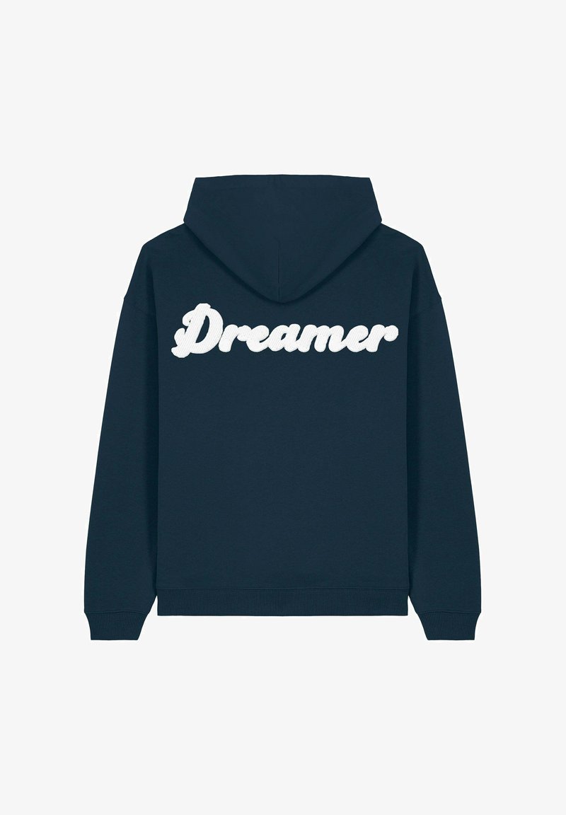 Sweat à capuche bleu marine avec une coupe décontractée, présentant un graphique en relief blanc "Dreamer" dans le dos, des poignets côtelés et une capuche avec cordon de serrage.