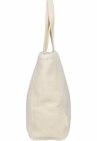 Miękka, kremowa torba tote z teksturowanej tkaniny zewnętrznej i gładkimi skórzanymi uchwytami. Charakteryzuje się trójkątnym kształtem i minimalistycznym designem.