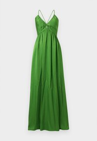 Πράσινο φόρεμα μήκους μέχρι το πάτωμα χωρίς μανίκια, με λεπτές τιράντες, σφηκοφωλιά στο μπούστο και φουσκωτή, ριγωτή φούστα.