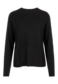 Pull noir en maille avec un col rond, des manches longues et une coupe décontractée. Le tissu semble lisse avec une texture côtelée subtile.