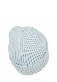 Light blue knitted beanie hat with vertical ribbing and a folded cuff. Soft texture, rounded top, suitable for cold weather.