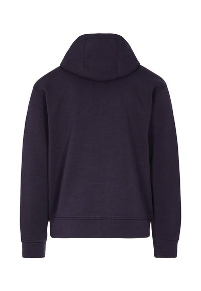 Sudadera de color púrpura oscuro con una textura suave, que presenta una capucha, puños acanalados y un corte relajado. Sin logotipos ni patrones visibles.