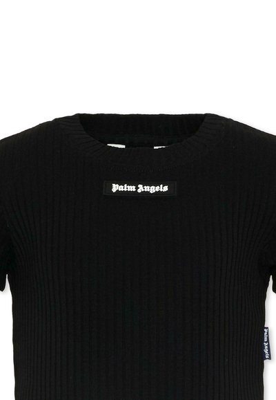 Haut noir à manches courtes côtelé avec col rond, avec un patch logo "Palm Angels" blanc sur la poitrine et une étiquette latérale.