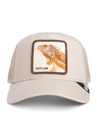 Beige trucker cap with a mesh back featuring a stitched patch of a brown and orange iguana and the word "OUTLAW" below it.
