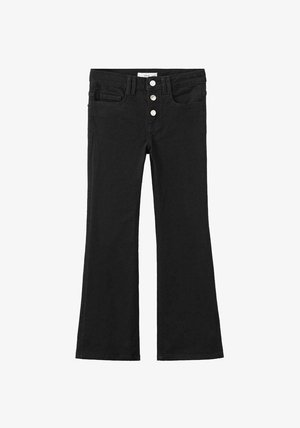 Blugi evazați negri din denim, cu talie înaltă, cinci buzunare și trei nasturi argintii în față. Textură netedă.