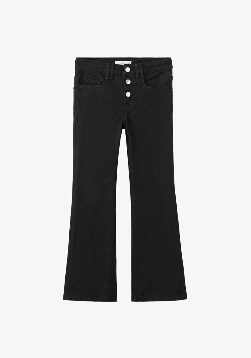 Jean noir évasé en denim, avec une taille haute, cinq poches et trois boutons argentés à l'avant. Texture lisse.