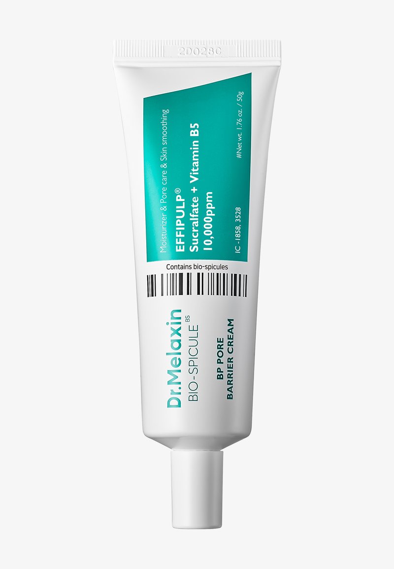 Dr. Melaxin bio-spicule BP poriënbarrière crème tube met Effipulp Sucralfaat en vitamine B5, 10.000 ppm, 50 g, wit en teal verpakking.