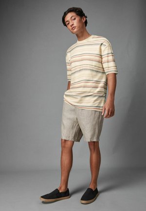 Cămașă cu mânecă scurtă, în dungi, de culoare crem, bej și nuanțe pastel, purtată cu pantaloni scurți gri deschis și pantofi slip-on negri cu un finisaj texturat.