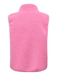Roze fleecevest met hoge kraag, gestructureerd oppervlak, mouwloos ontwerp en rechte snit. Geen zichtbare sluitingen of zakken.