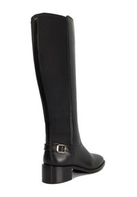 Black knee-high boot featuring a sleek leather body and elastic panel. Includes a side buckle detail and a low, square heel.