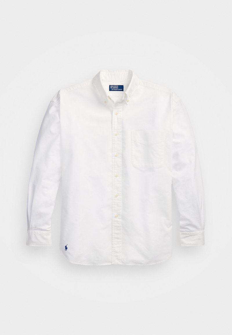 White cotton long-sleeve shirt with a button-down collar, left chest pocket, and a small blue logo on the lower left side.