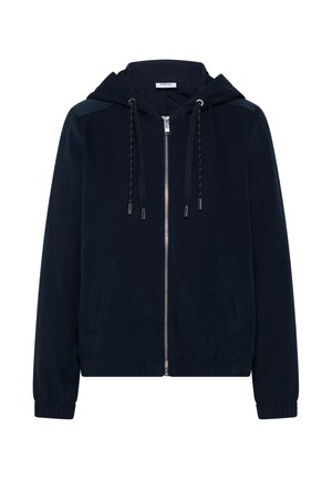 Marineblauwe zip-up jas met capuchon, voorzien van trekkoord, elastische manchetten en twee zakken aan de voorkant; gladde stof en minimalistisch ontwerp.
