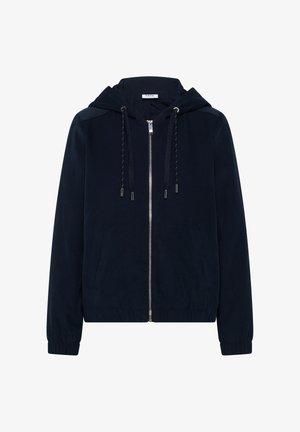 Veste zippée bleu marine avec capuche, dotée d'un cordon de serrage, de poignets élastiques et de deux poches avant ; tissu lisse et design minimaliste.