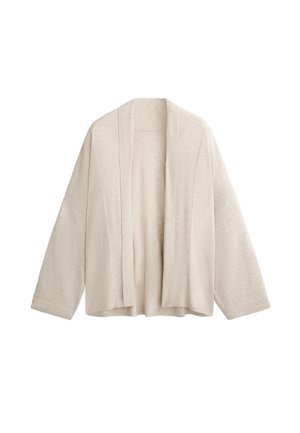 Beiger Cardigan mit offenem Vorderteil, weiten Ärmeln und weicher Textur. Besitzt eine lockere Passform und ein minimalistisches Design ohne Verschlüsse.