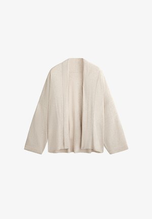 Cardigan beige à front ouvert, avec des manches larges et une texture douce. Il présente une coupe décontractée et un design minimaliste sans fermetures.
