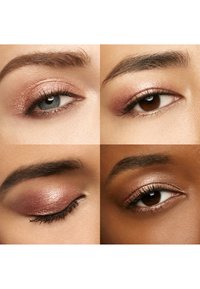 Fire nærbilder av øyne som viser forskjellige øyenskygger i nyanser av roségull og brun; kjennetegn inkluderer glitrende tekstur og definerte øyevipper.