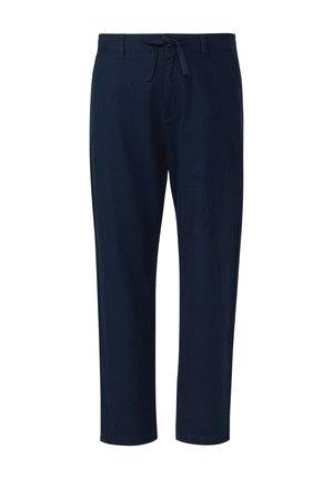 Marineblaue Freizeithose mit geraden Beinen, Gürtelschlaufen, vorderen Taschen und einem Tunnelzugverschluss am Bund.