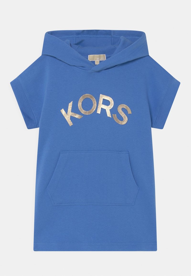 Hoodie bleu à manches courtes avec un logo "KORS" en foil doré. Dispose d'une poche kangourou à l'avant et d'un tissu doux et texturé.