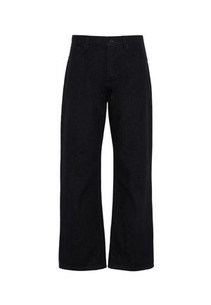 Jean noir à jambes larges avec bouton à l'avant et poches, présenté sur un fond blanc.