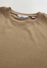 Sandfarvet bomulds t-shirt med rund halsudskæring og syninger. Stoffet har en glat tekstur og er mærket med "NEXT REGULAR FIT" indeni kraven.
