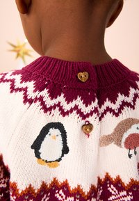 Pull en tricot avec un motif en zigzag bordeaux et blanc, un pingouin brodé, un rouge-gorge, et un bouton en bois en forme de cœur à l'arrière.