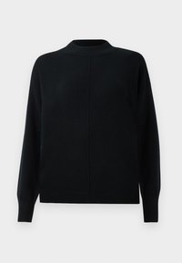 Pull en tricot noir à manches longues avec col montant, poignets côtelés, ourlet et détail de couture centrale sur le devant.