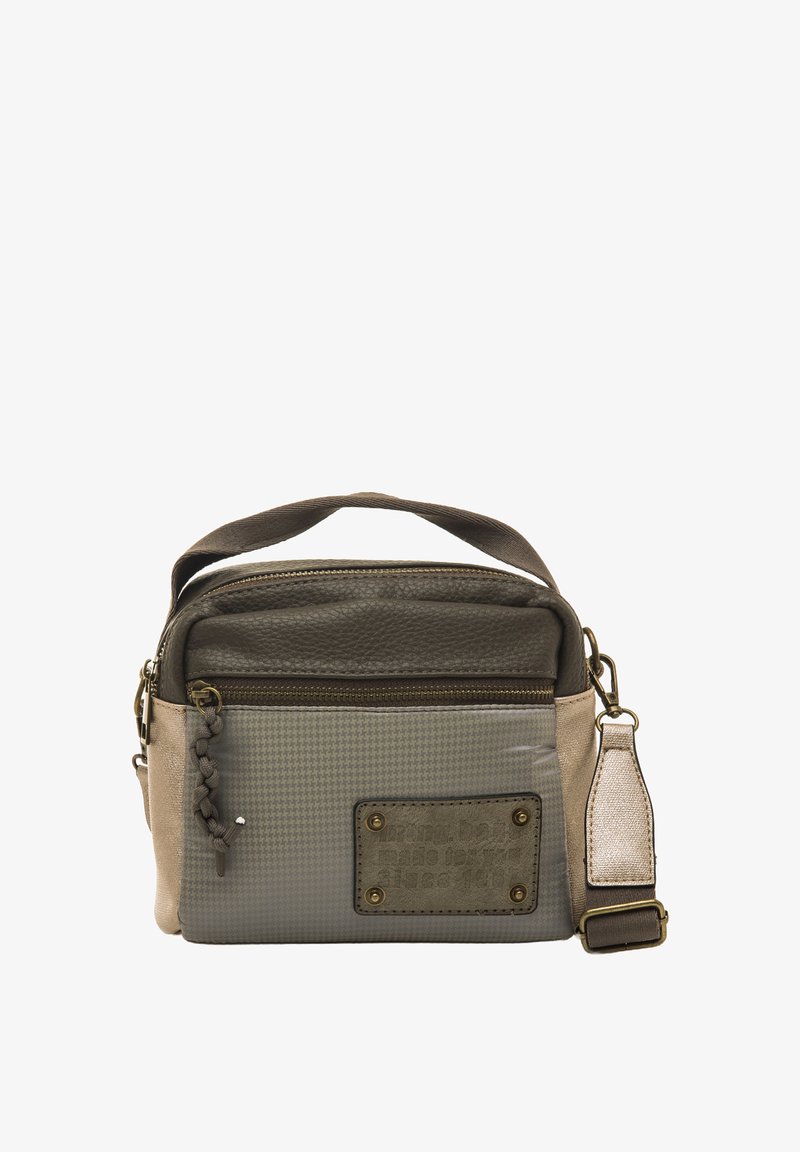 Borsa quadrata in tessuto grigio e beige, con manico superiore, tracolla, tasca esterna con zip e una toppa in pelle.