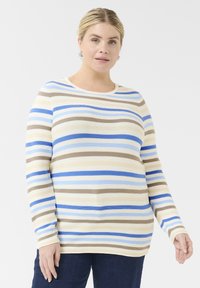 Striped sweater in beige and blue tones, featuring long sleeves, a round neckline, and a textured, ribbed fabric.
