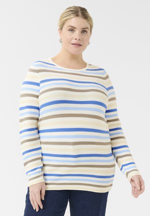 Pull rayé dans des tons beige et bleu, avec des manches longues, un col rond et un tissu texturé à côtes.