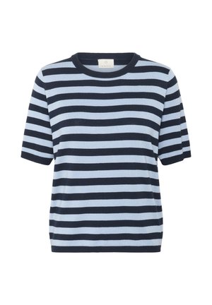 Gestreiftes kurzärmliges Oberteil in Hellblau und Marineblau, mit rundem Ausschnitt und lockerer Passform, aus einem weichen, gestrickten Textil.