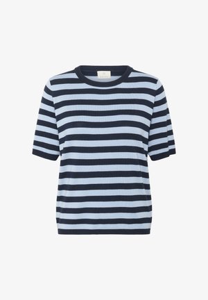 Triibuline lühikeste varrukatega topp helesinises ja tumesinises, millel on ümmargune kaelus ja mugav lõige, valmistatud pehmest kootud materjalist.