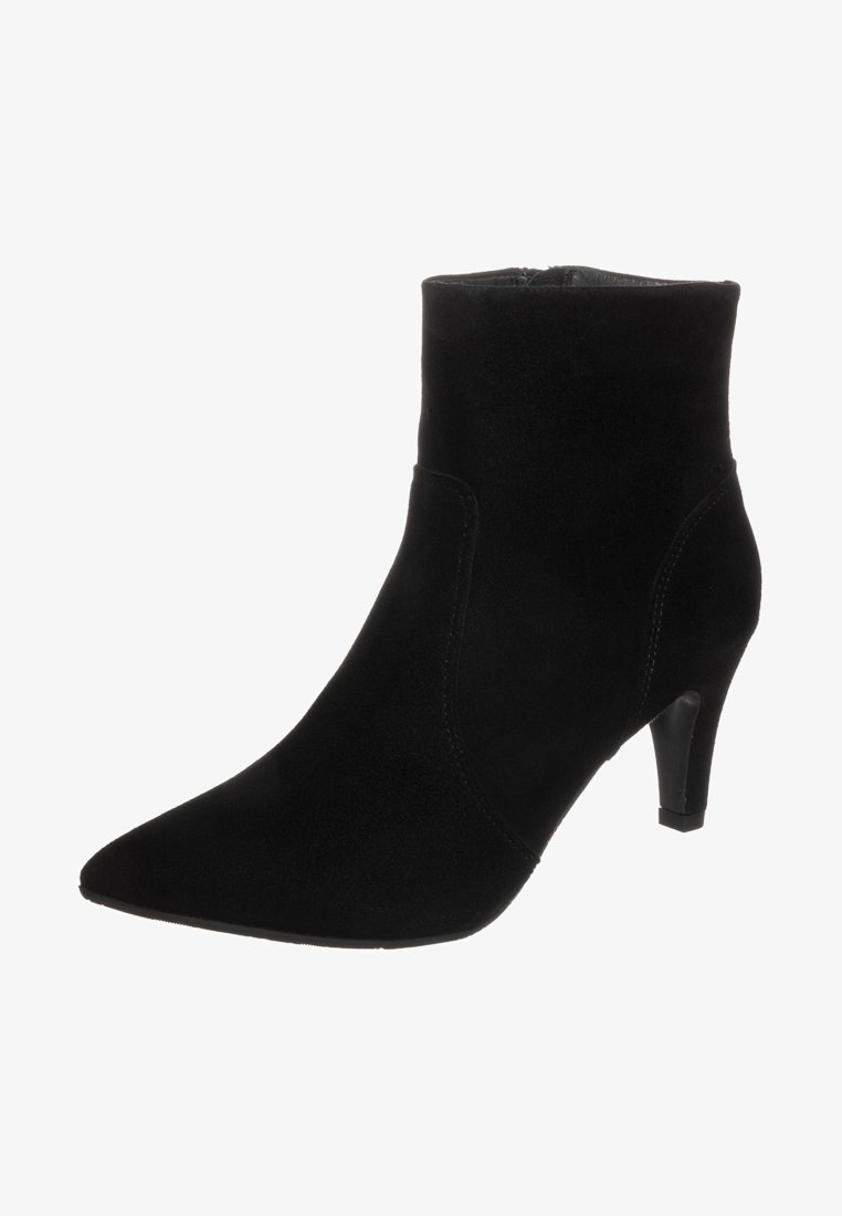 Bottine en daim noir avec bout pointu et talon moyen fin, fermeture éclair sur le côté intérieur, chaussure féminine élégante et stylée.