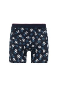 Sötétkék boxeralsó, fehér és kék árnyalatú hópehely mintával. Puha anyag, rugalmas derékkal, combközép hosszúságú.