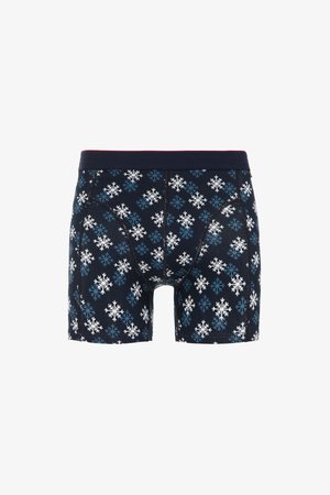 Námorně modré boxerky s vzorem sněhových vloček v bílé a modrých odstínech. Měkká tkanina s elastickým pasem, délka do poloviny stehna.