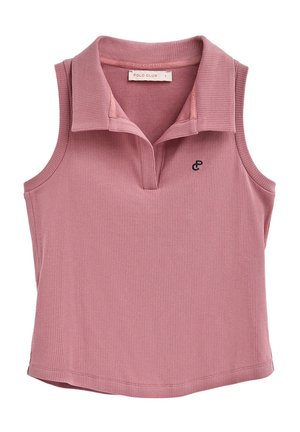 Polo sans manches rose côtelé avec col ouvert et petit logo brodé "PC" noir sur le côté gauche de la poitrine.