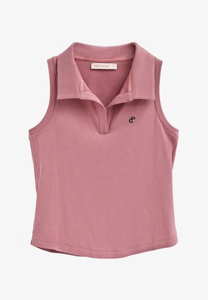 Polo rosa sin mangas con textura acanalada, cuello abierto y pequeño logo "PC" bordado en negro en el lado izquierdo del pecho.