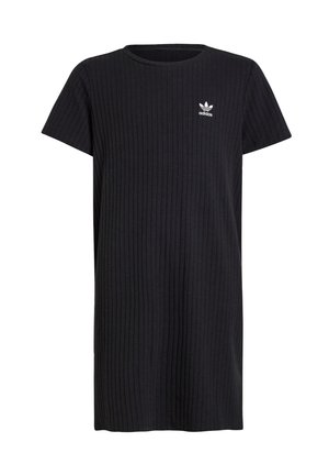 Sort Adidas T-shirt med korte ærmer og ribbet tekstur, med et lille hvidt Adidas trefoil-logo på øverste venstre bryst.