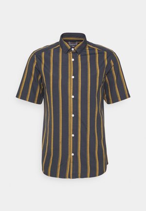 Kortærmet skjorte med knapper, der har lodrette striber i sennepsgul og mørkeblå samt en spids krave.