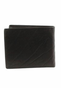 Brown leather wallet with a textured surface, bi-fold design, and visible stitching along edges. Compact rectangular shape.