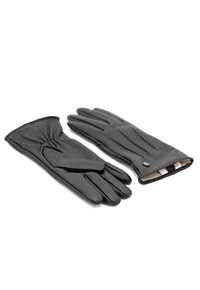 Schwarze Lederhandschuhe mit einer weichen Oberfläche, featuring einen gerafften Handgelenkbereich, gestickte Akzente auf der Rückseite und ein kleines metallisches Druckknopfdetail.
