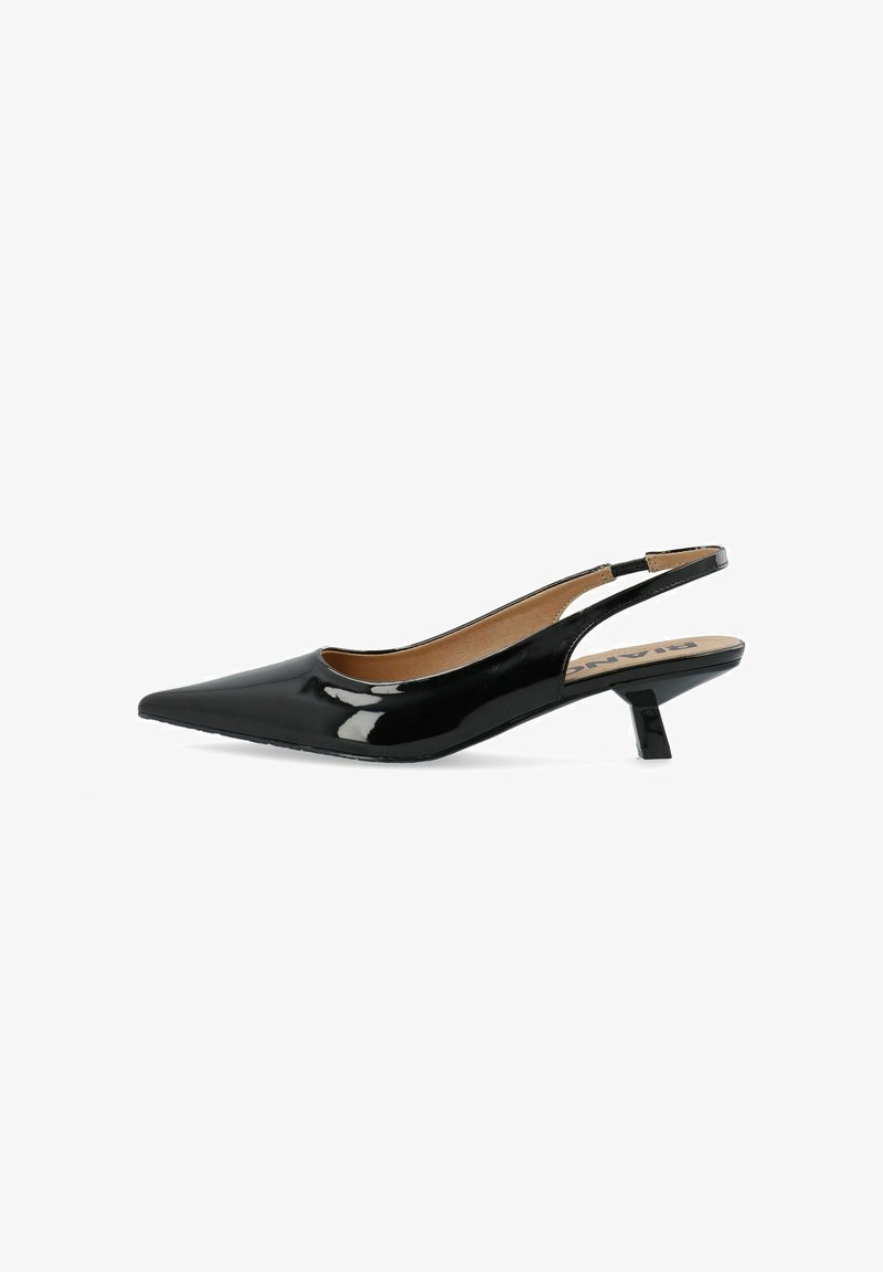 Black patent leather slingback pump with a pointed toe and a low, square heel. Features a smooth texture and minimalistic design.