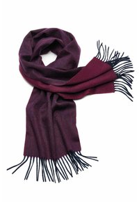 Burgundy scarf made of soft fabric, featuring fringe detailing in navy at the ends. Smooth texture with subtle color variation.