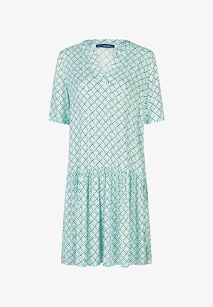 Locker sitzendes Kurzarmkleid mit türkis-schwarzem Rautenmuster, V-Ausschnitt und gerafftem Rockdetail.