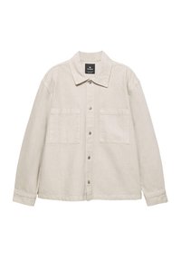 Lys beige knap-up jakke lavet af blødt stof, med spidse krave, to brystlommer og lange ærmer. Minimalistisk design.