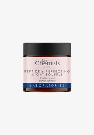 Słoik Skin Chemists Peptide 6 Perfecting Night Souffle z czarną pokrywką i różową etykietą zawierającą nazwę produktu i szczegóły marki.