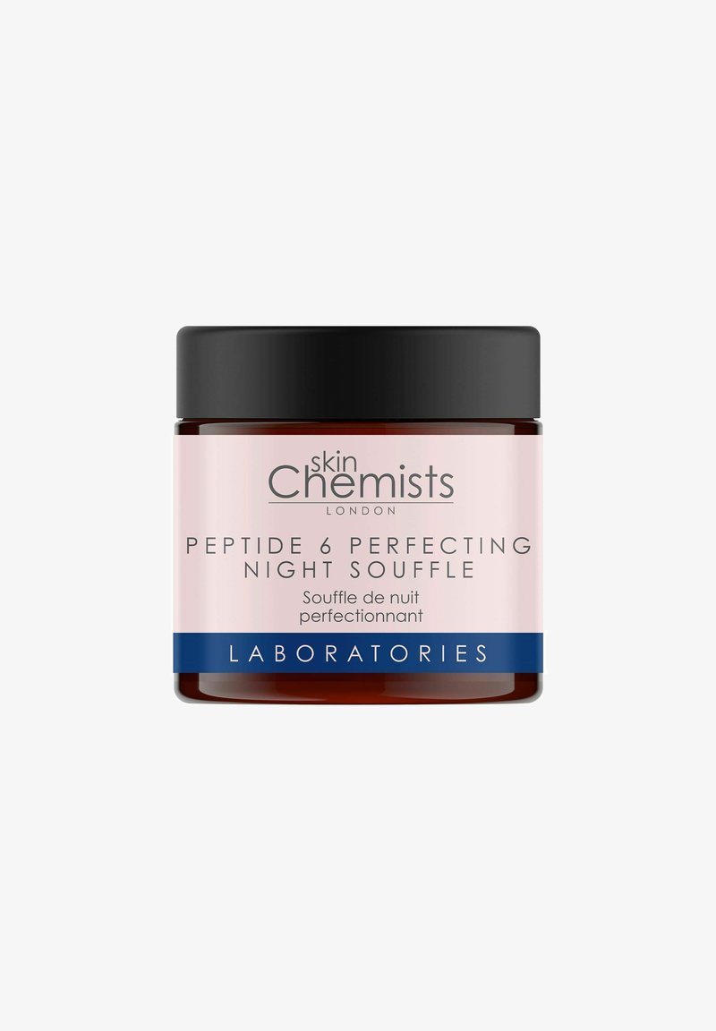 Jar of Skin Chemists Peptide 6 Perfecting Night Souffle with black lid and pink label featuring product name and brand details.